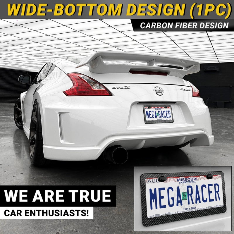 Mega Racer Premium Carbon Fiber Design License Plate Frame â€“ 1 Piece, Rust-Free Stainless Steel, Rattle-Free, Universal with Screw Caps, Slim-Top, Thin Rigid Metal Car Tag Holder, Front Or Rear - Cool for Men - Image 3